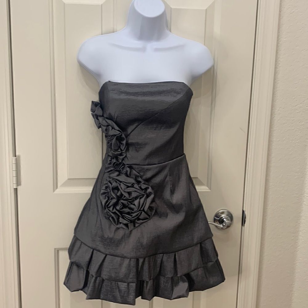 Mystic Sz Small Strapless Gun Metal Gray Metallic Flower Ruffled Mini Prom Dress
